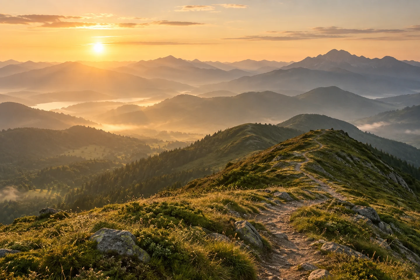 A winding mountain path opening into golden morning light